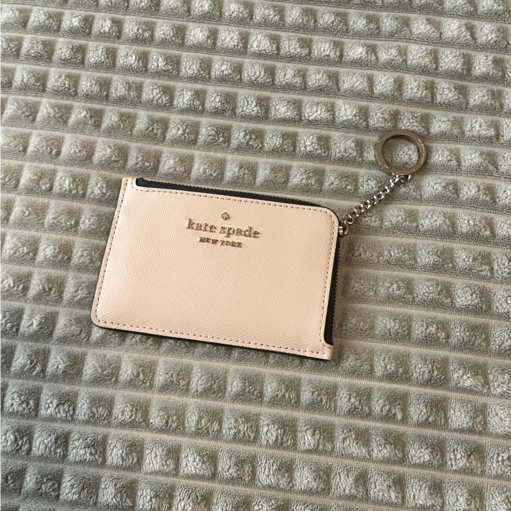 Kate Spade Light Pink and Black Leather Card Holder with Keychain